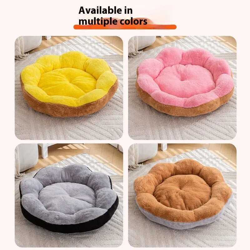 Round rabbit plush cat bed with detachable design in yellow brown colour, shown in L size dimensions