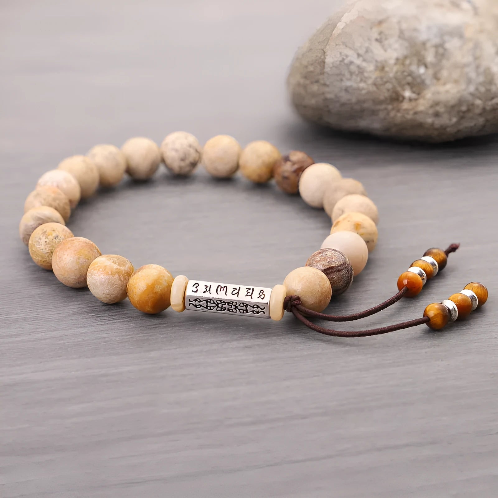 Handmade stone bead bracelet in wood colour with retro European American style design