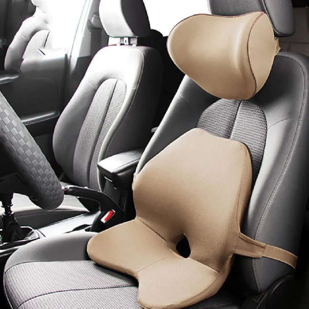 Car memory foam waist cushion with optional headrest in neutral colours for lumbar support while driving