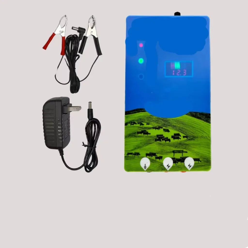 Electronic alarm host unit for a high-voltage livestock electric fence system with charger and ear clips.