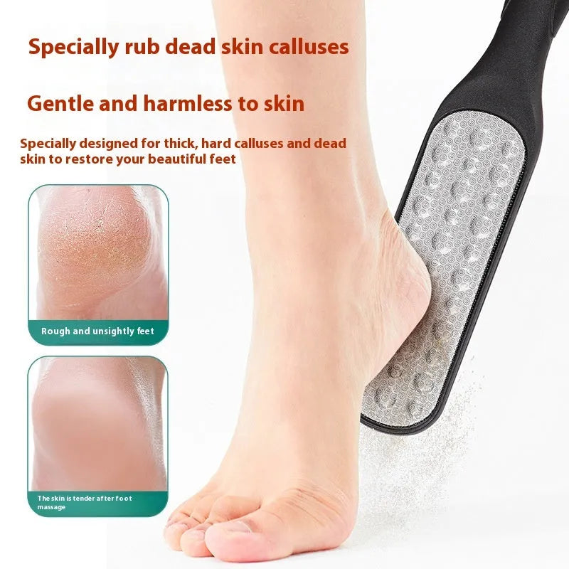 Stainless steel double-sided foot grinder tool for callus removal and foot care.