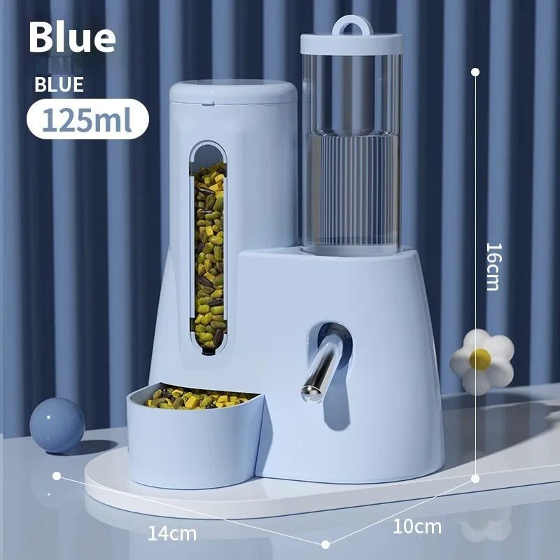 Blue hamster automatic drinking water feeder and food basin on a white background.