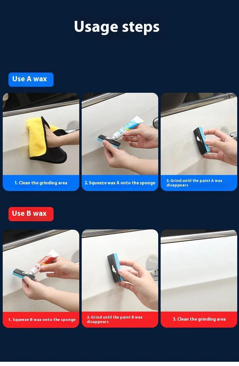 Car repair wax kit containing scratch removal A wax, brightening B wax, and frosted sponge applicator for automotive paint