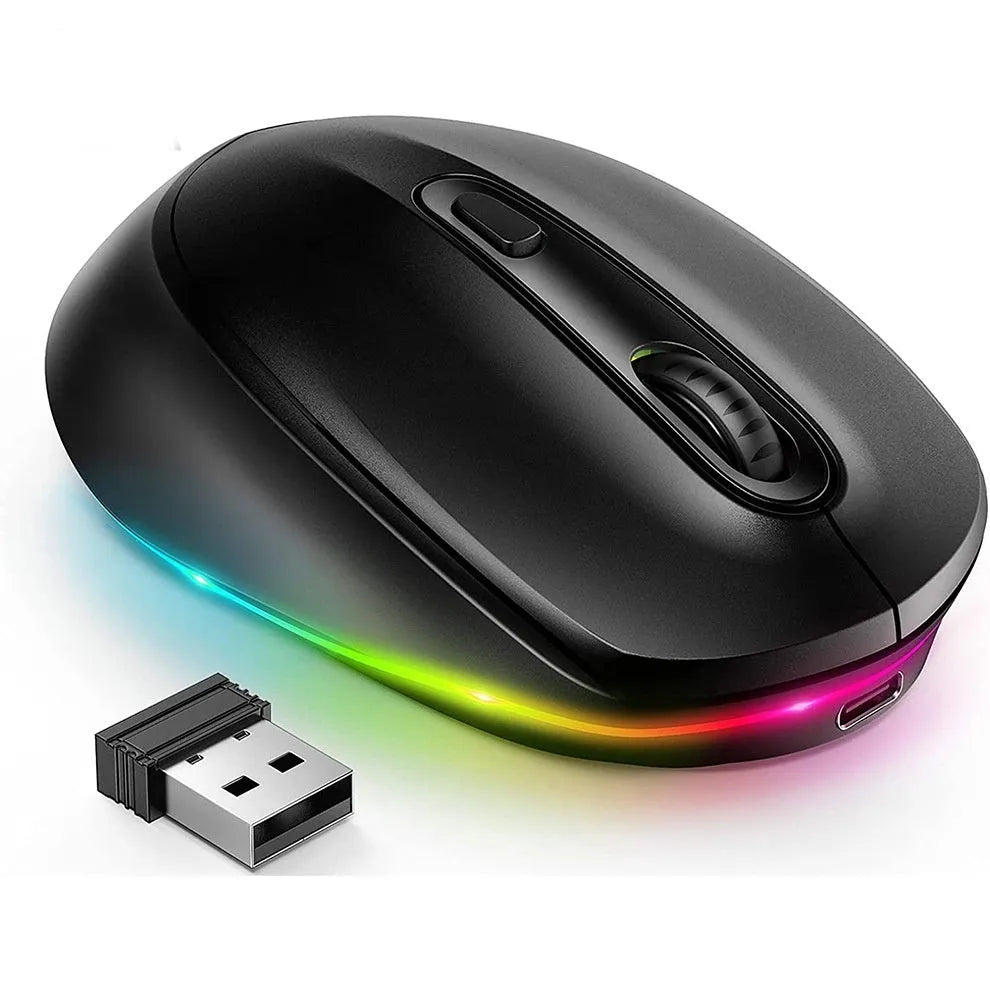 24g rechargeable wireless mouse in various colours showing ergonomic shape and USB cable