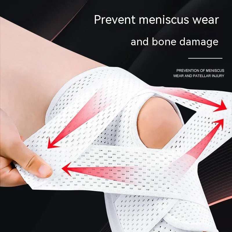 Black mesh knee protective sleeve for meniscus and patellar injury recovery shown on adult leg