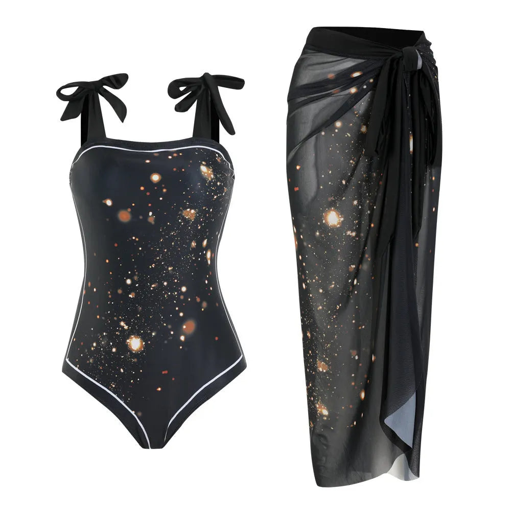 Floral print mesh tube top one-piece swimsuit with detachable skirt in brown printing