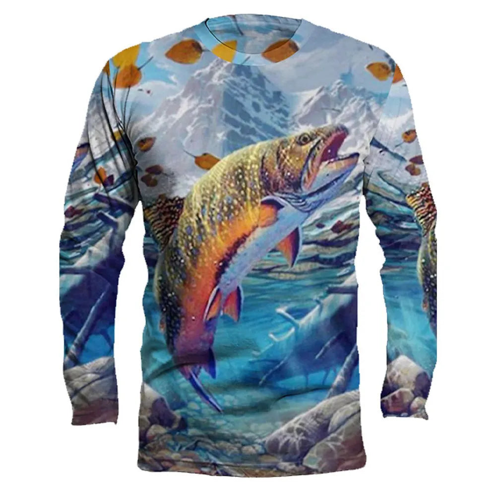 Men's grey pullover sweater with a detailed all-over fish print, featuring a round neck and long sleeves.