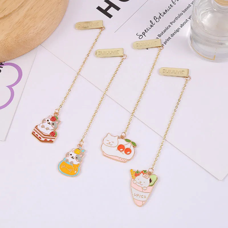 Jane Key Foodie cute pet cat metal bookmark with cartoon pendant in one of four designs, size 3.8cm by 18.3cm.
