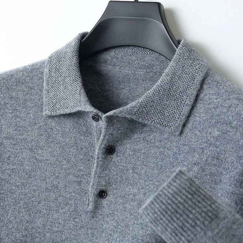 Men's grey polo collar wool blend pullover sweater on a hanger