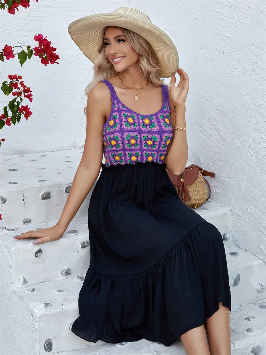 Purple sleeveless dress with hand-hook flower stitching on cotton yarn fabric