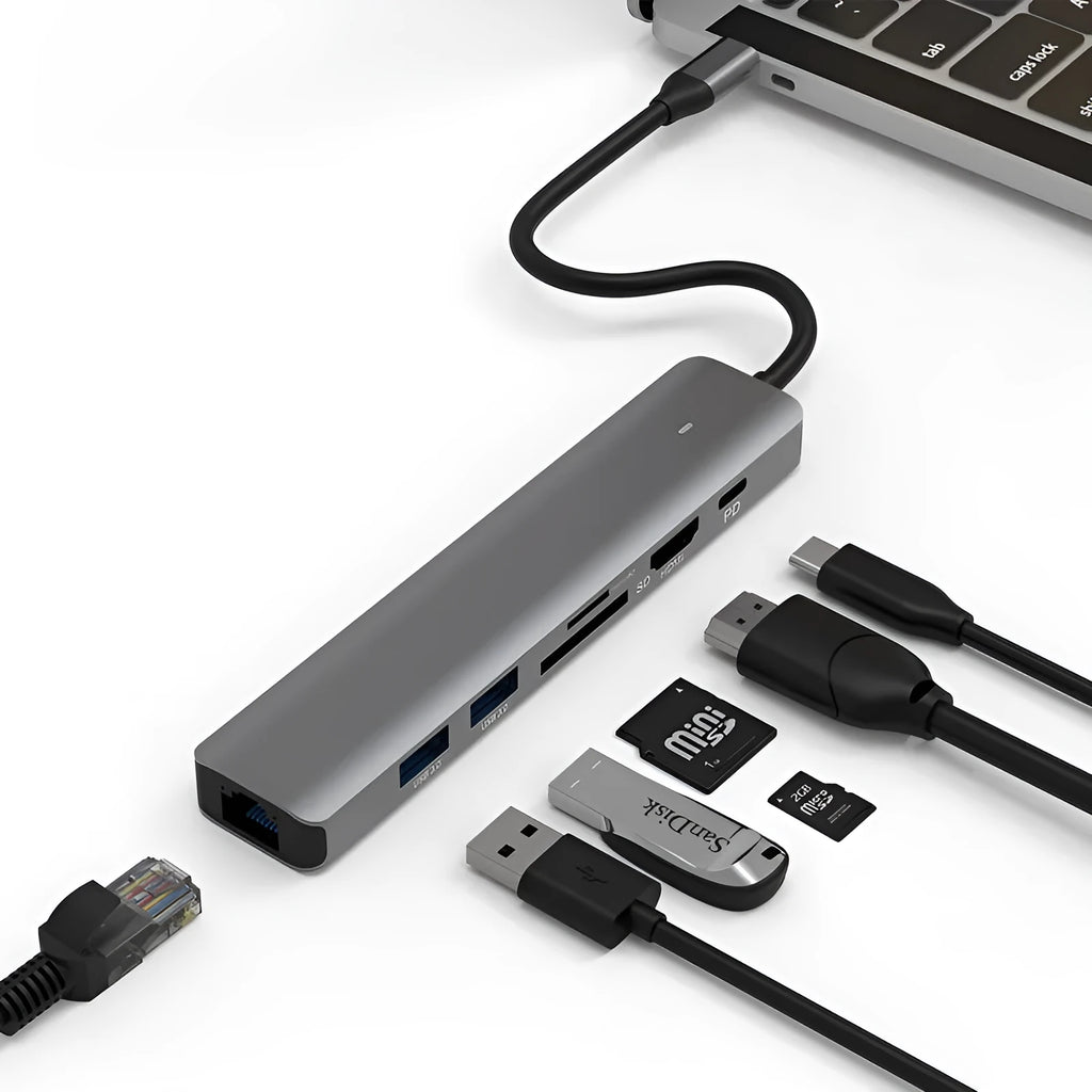 USB-C to 7-port card reader hub with SD and TF slots and PD charging port