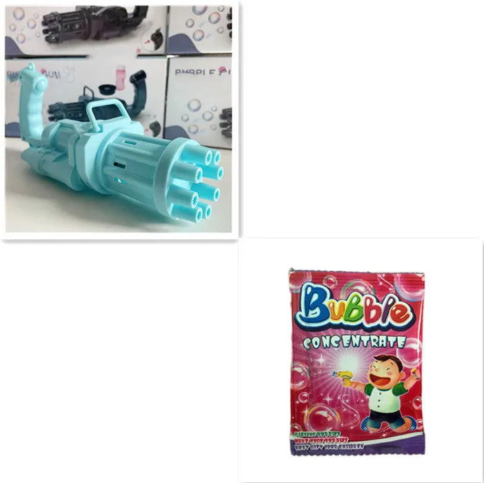 Kids plastic bubble machine gun toy in pink, gold, or black with battery compartment and removable bubble head.