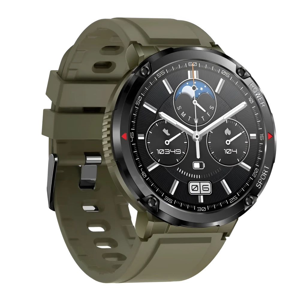 T30 smart watch with circular IPS screen on a silicone strap, showing health metrics and call interface.