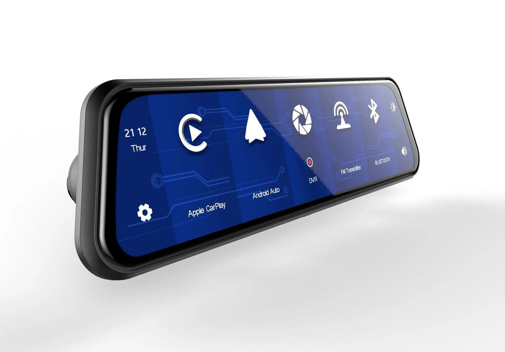 Dual-lens car driving recorder with a large touch screen, shown in black, gold grey, and blue grey colour options.