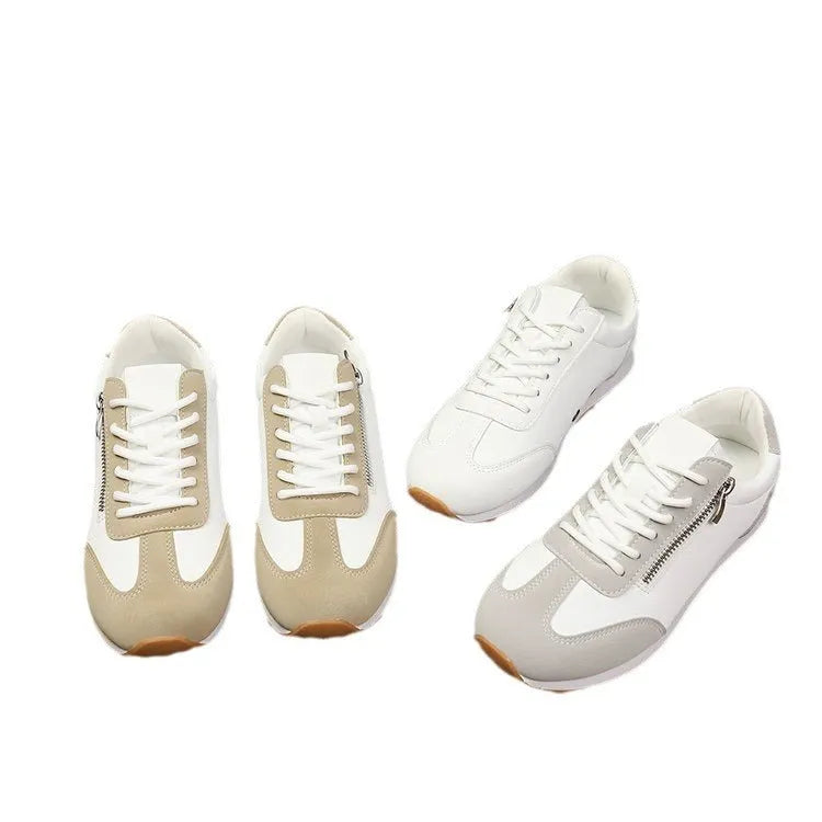 Women's flat-heeled shoes in grey, white and champagne colours with artificial PU upper and rubber sole