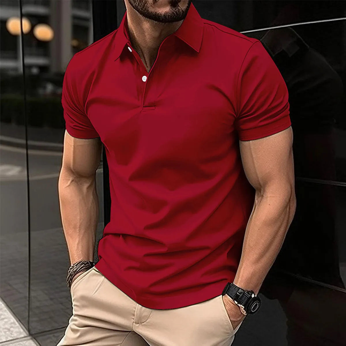 Men's solid colour polo shirt with short sleeves and button lapel in cotton blend fabric