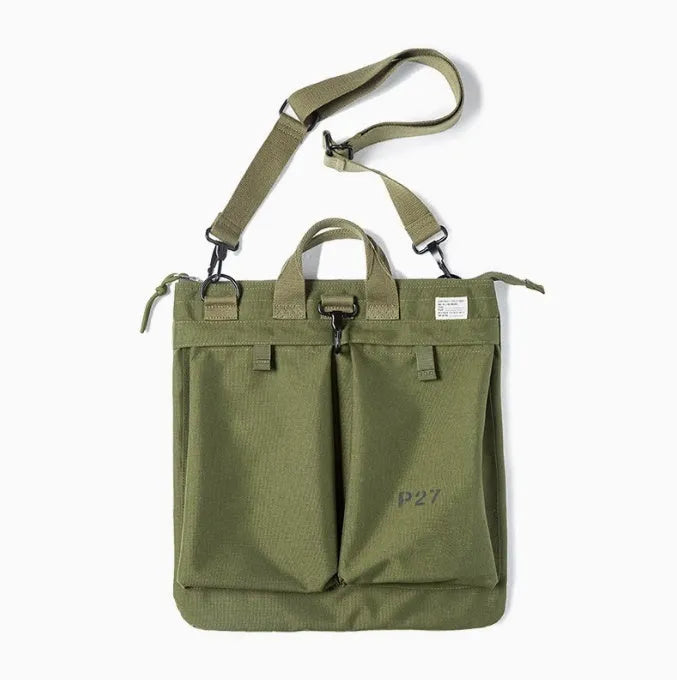 Marden Tooling charcoal black nylon canvas messenger bag with shoulder strap shown open.