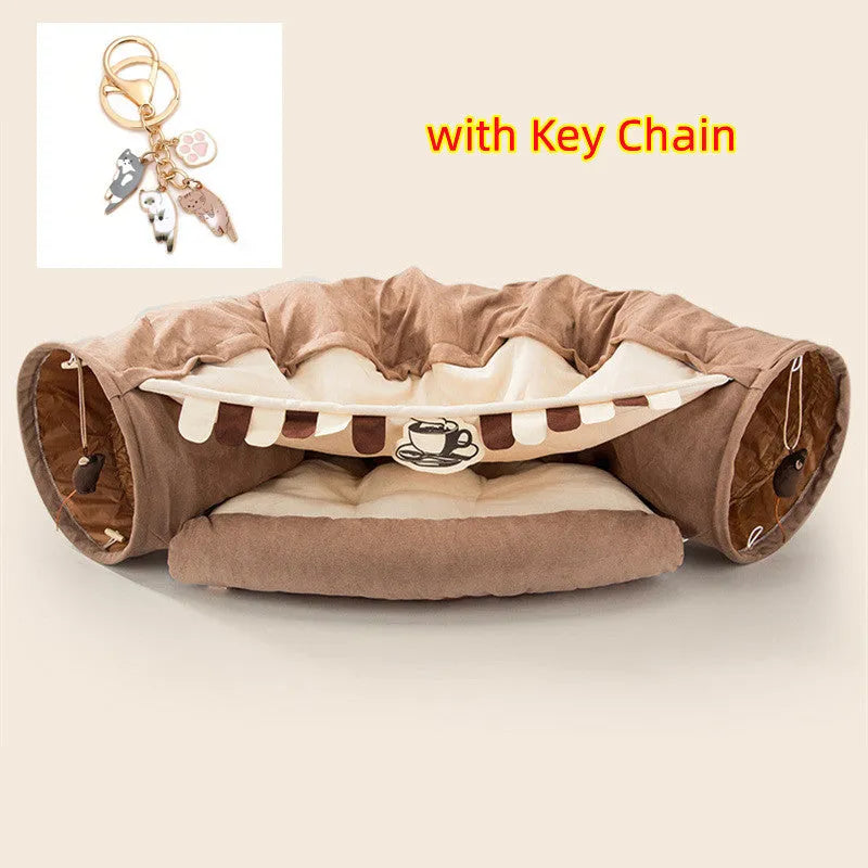 A collapsible cloth cat tunnel in Bar colour, showing its arched shape and dimensions for feline play.