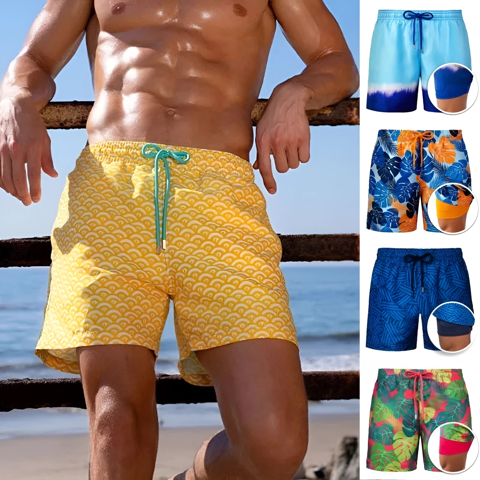Men's cotton blend double-layer striped beach shorts in summer colour options with straight-leg cut