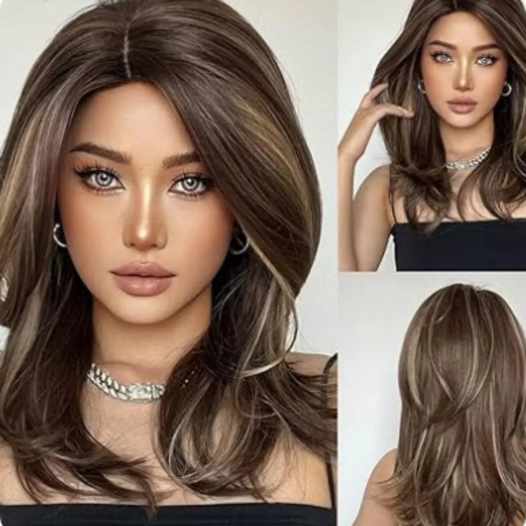 Mid-length curly synthetic wig with bangs in a wine red, brown, and white gold gradient colour.