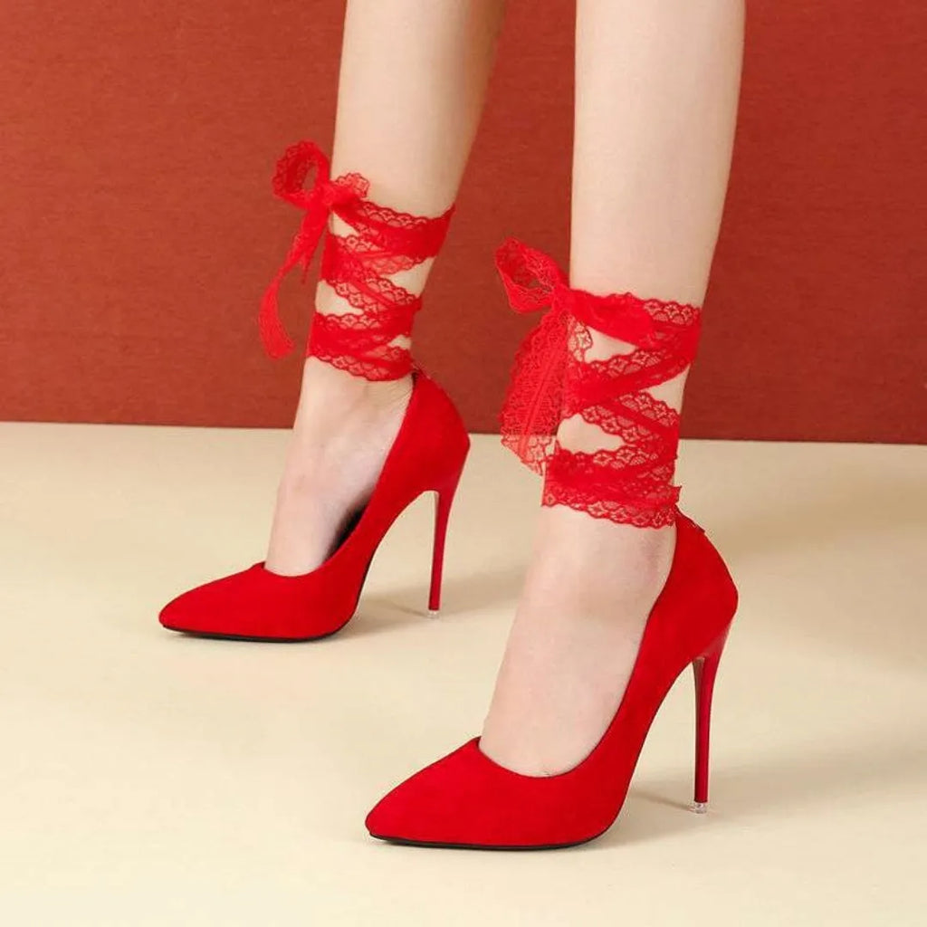 Black and red women's pointed toe court shoes with fabric and lace strap options at 10cm and 12cm heels.