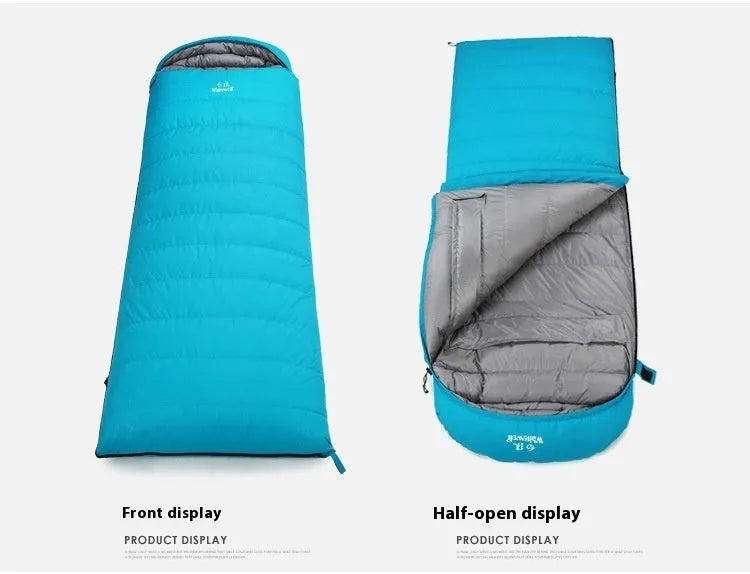 Black outdoor sleeping bag with white goose down filling and durable nylon fabric.