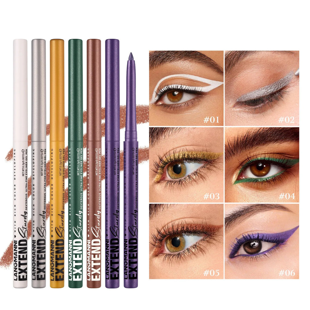 Set of 12 colourful gel glitter eyeliner pencils showing matte, glitter, metallic and pearl shades.