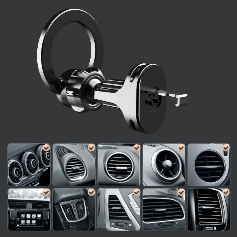 Black magnetic suction car air vent mobile phone holder on a vehicle dashboard.