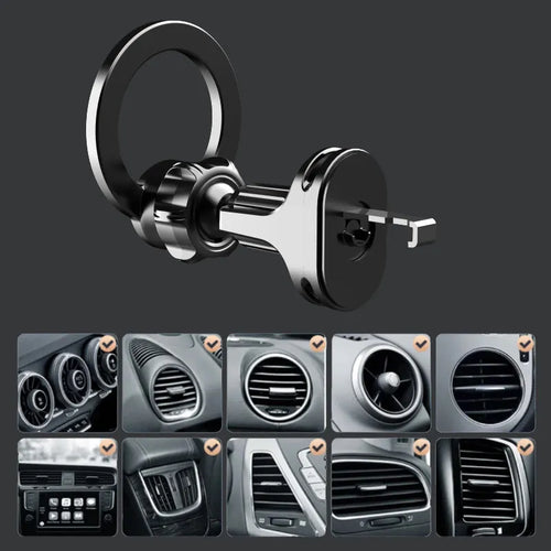 Black magnetic suction car air vent mobile phone holder on a vehicle dashboard.