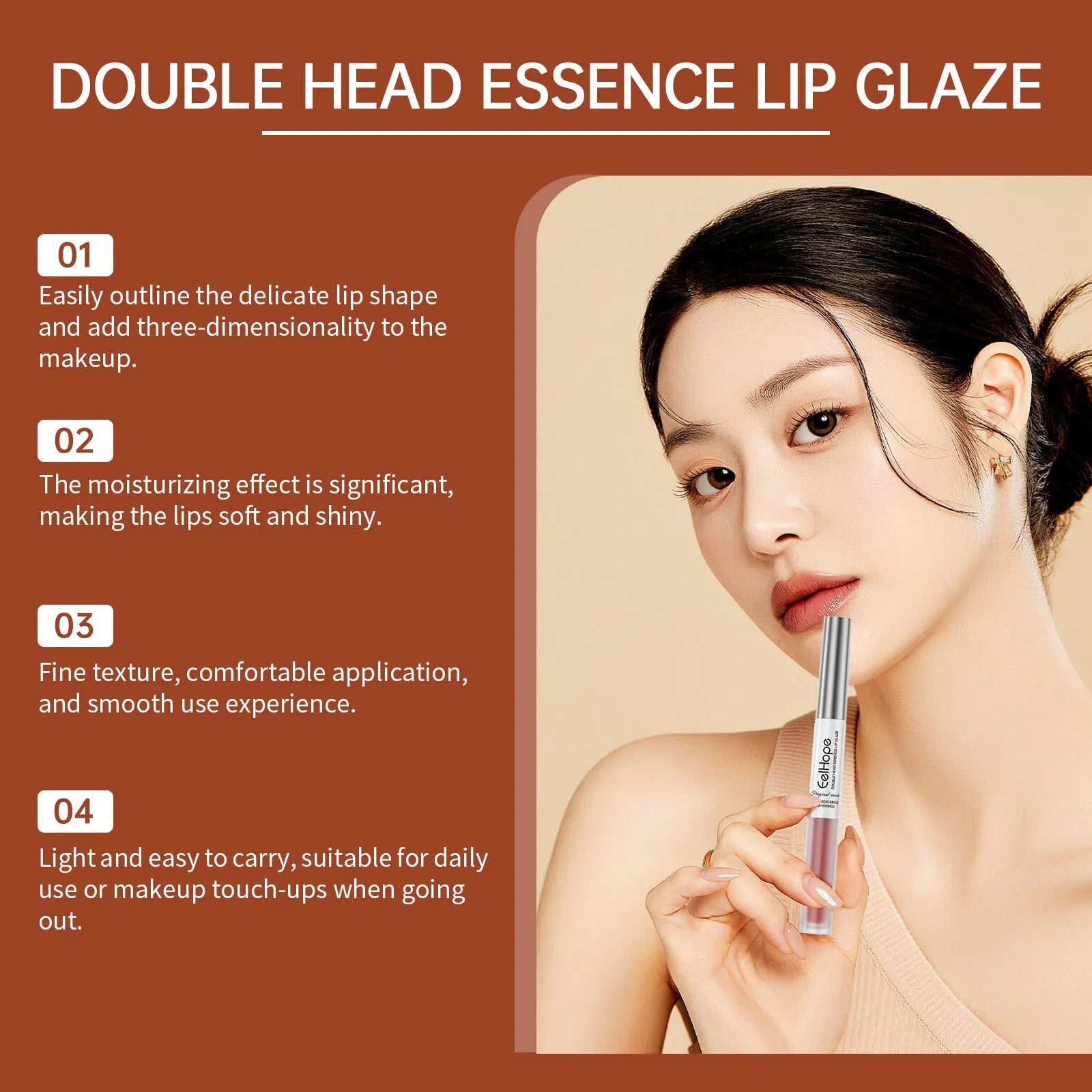 Double-headed lip liner and lip lacquer pen lipstick in choice of three colours.