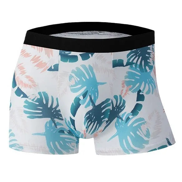 Men's light grey printed polyester underwear laid flat, showing mid waist design.