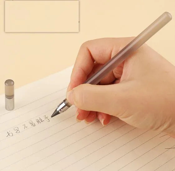Transparent acrylic eternal pencil with alloy writing nib showing coloured graphite refill inside
