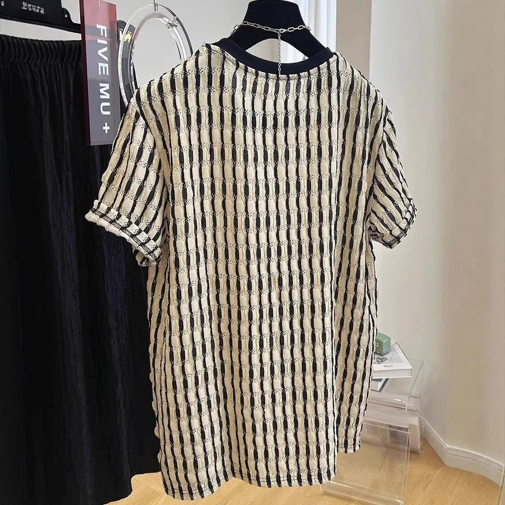 Black striped men's loose fit short sleeve casual shirt made from silk and linen fabric.