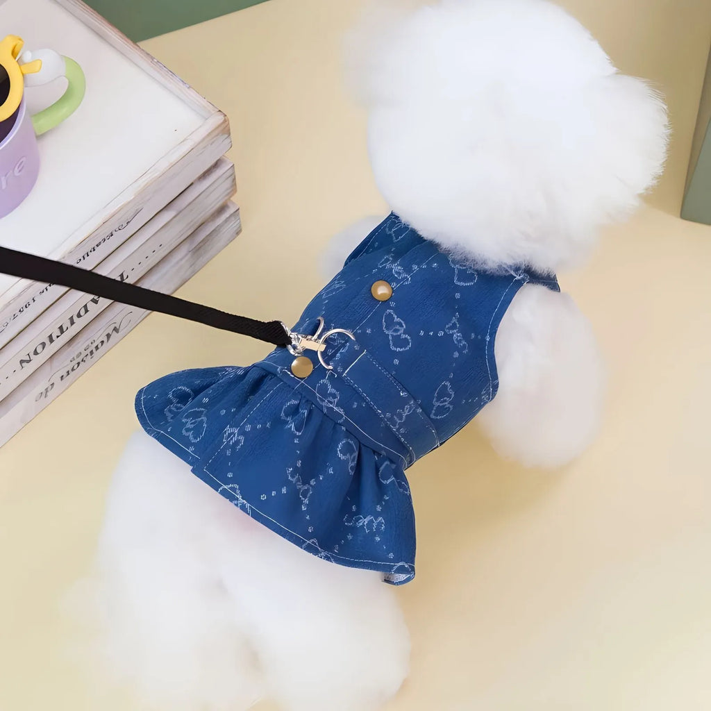 Blue denim dog dress with bracket-style design for small pets in spring and autumn