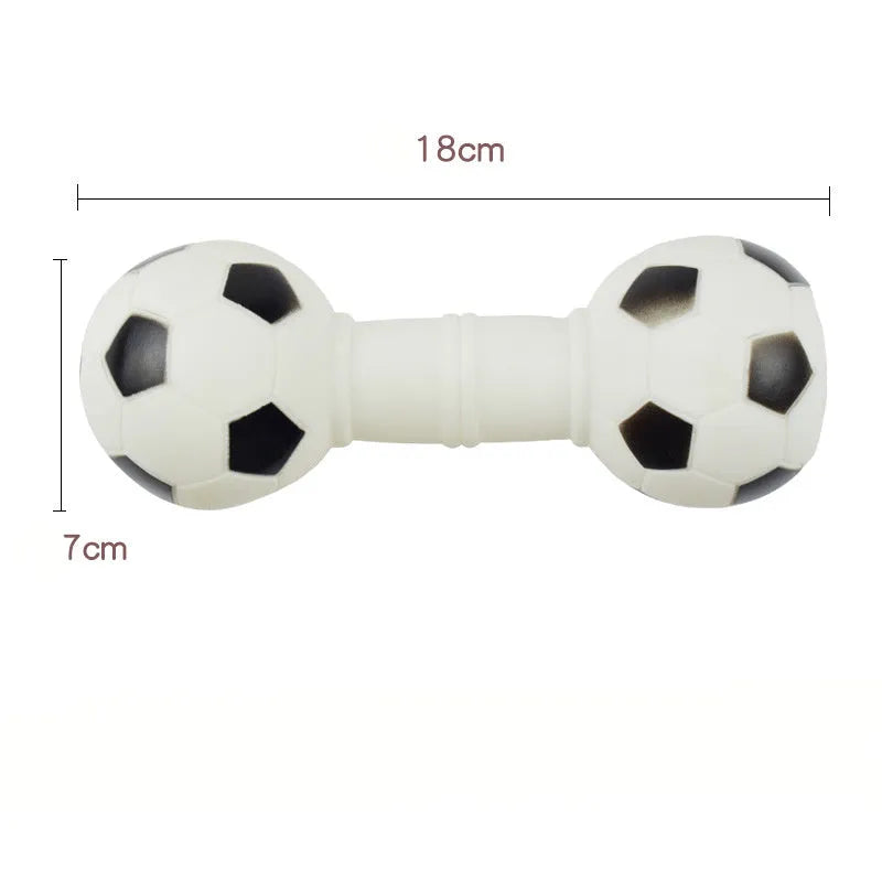 Brown, orange, white, and yellow PVC squeaky football dumbbell shaped dog chew toy