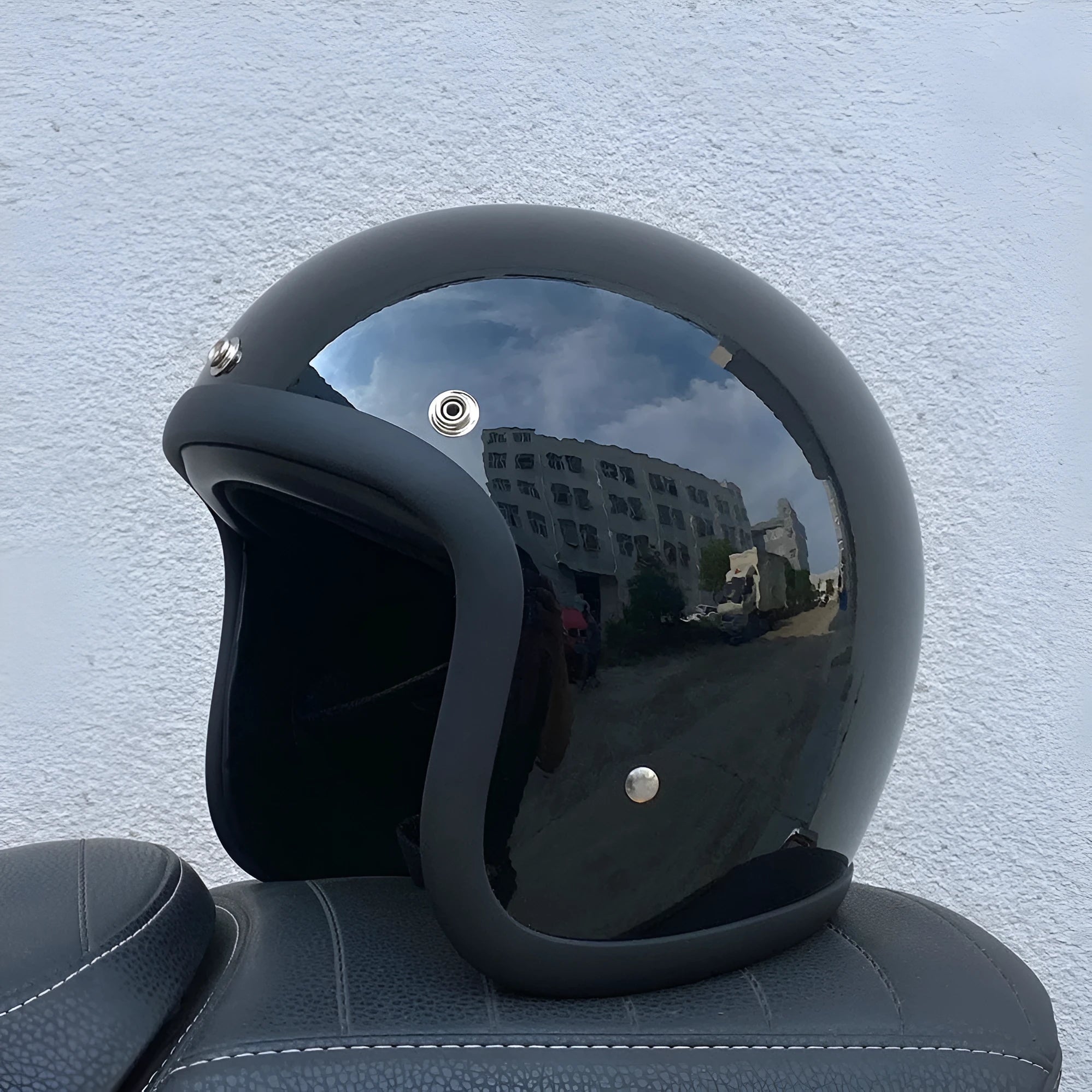 FRP retro-style half motorcycle helmet shown in a cement grey colour variant.