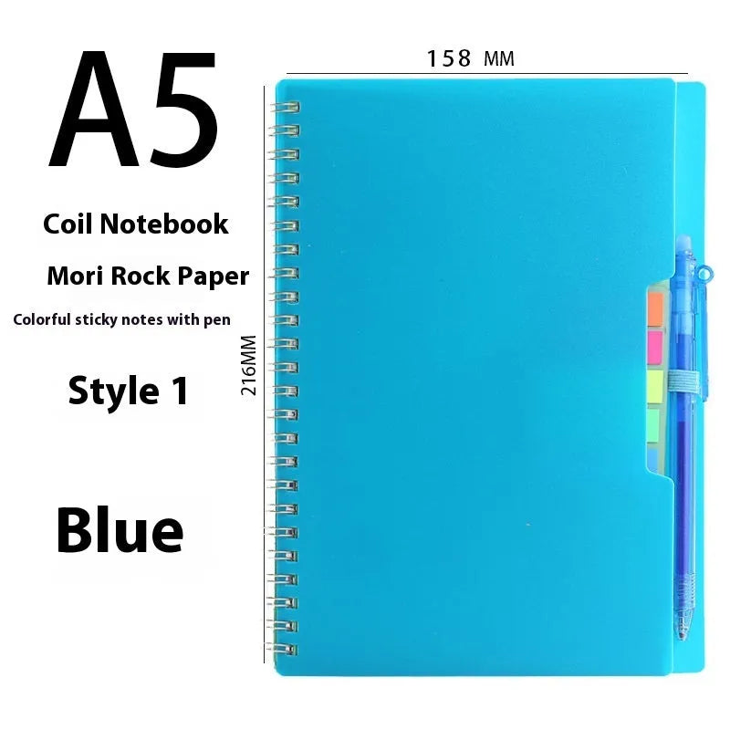 A5 erasable coil notebook with stone paper and pen on wooden surface