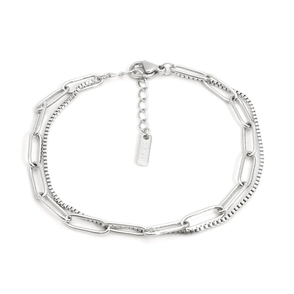 Double layer titanium steel bracelet with geometric shape and line pattern elements