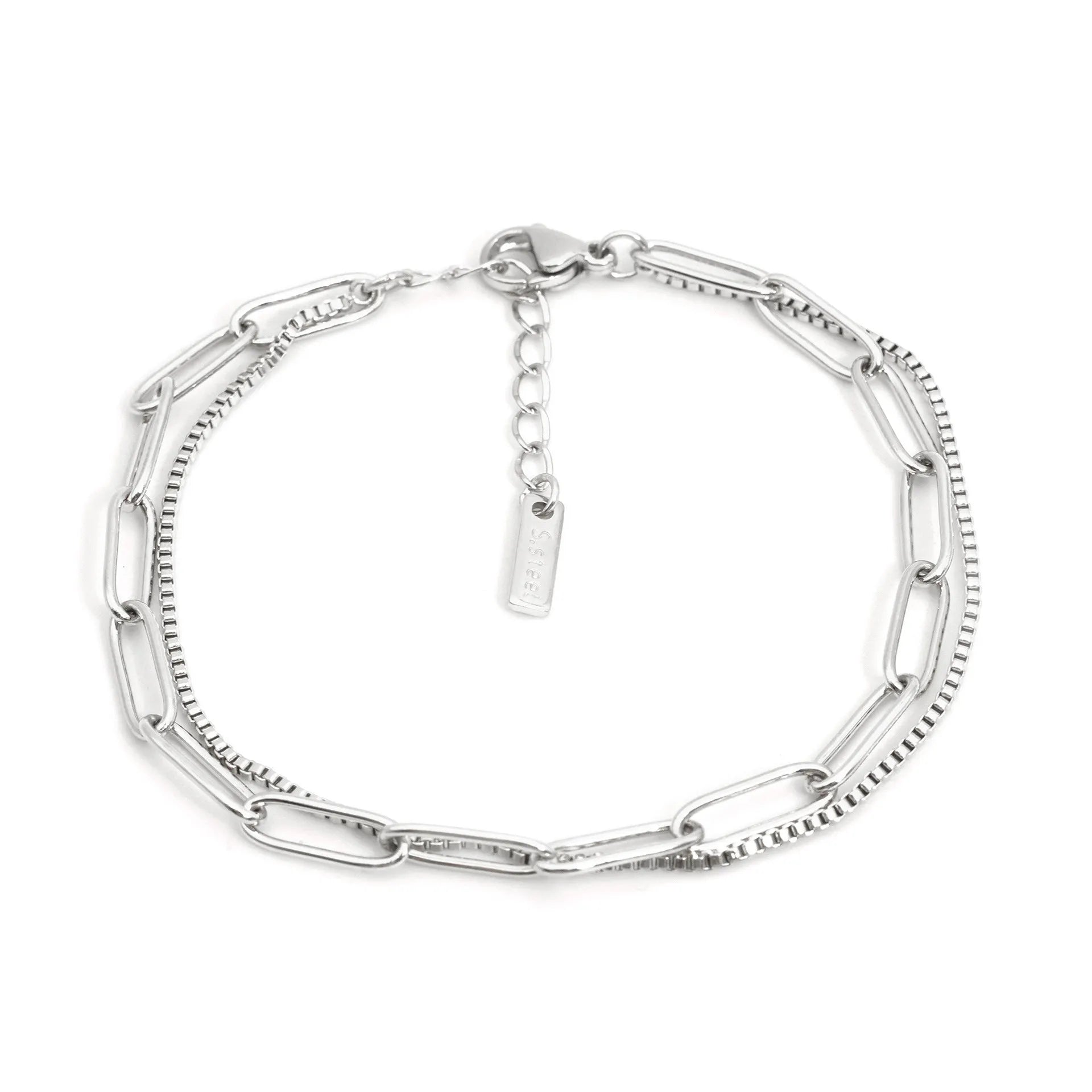 Double layer titanium steel bracelet with geometric shape and line pattern elements
