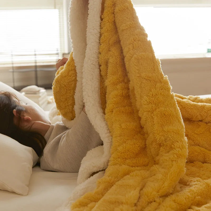 Thermal flannel polyester blanket in tea green colour showing modern simple design