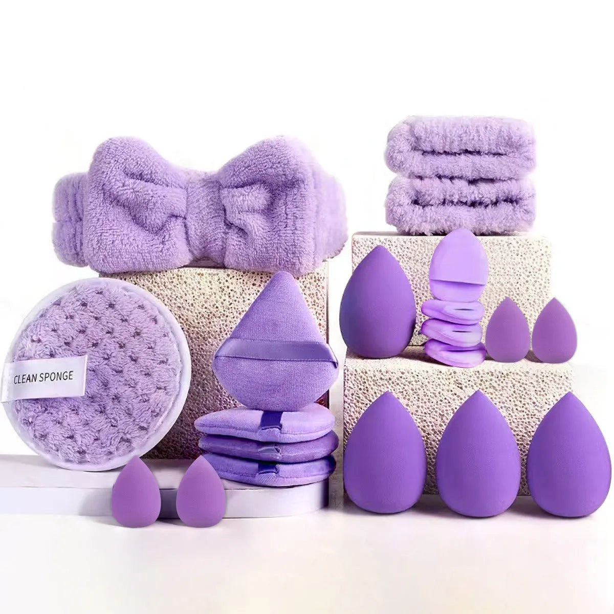 Hydrophilic non-latex beauty tools combination set with multiple cosmetic applicators for face washing and makeup