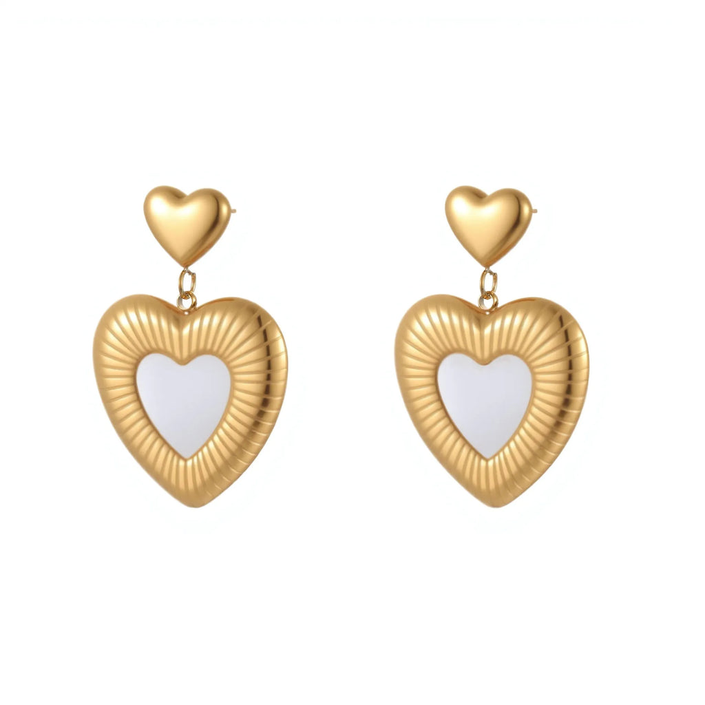 Heart-shaped stainless steel women's earrings with gold electroplated finish and love motifs