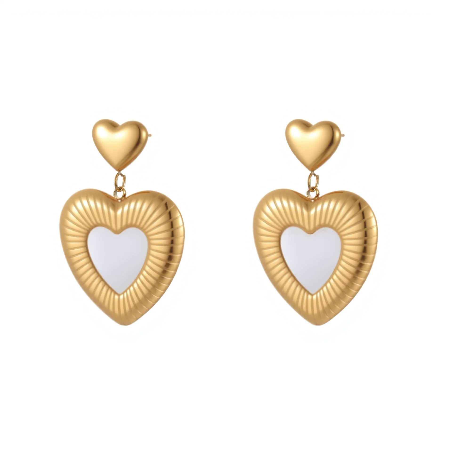 Heart-shaped stainless steel women's earrings with gold electroplated finish and love motifs