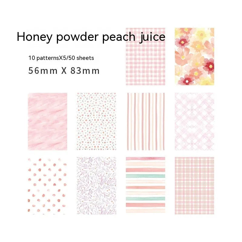 Retro collage note paper in ten pastel colours, each sheet 56mm by 83mm.