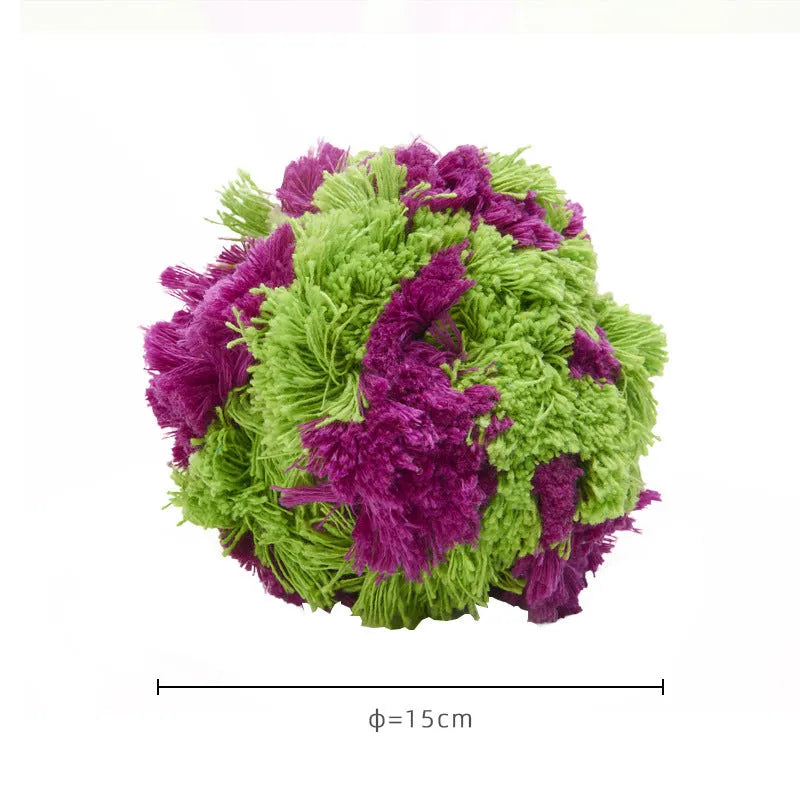 Purple plush dog knot toy seaweed ball for teething puppies, 15 cm diameter