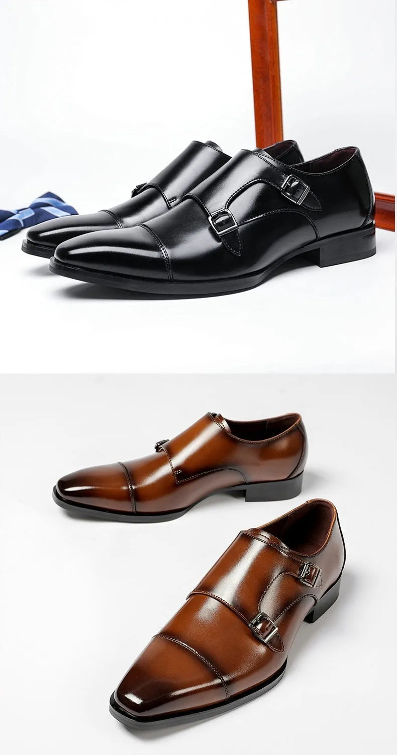 Men's casual leather shoes with square toe in black and light brown options