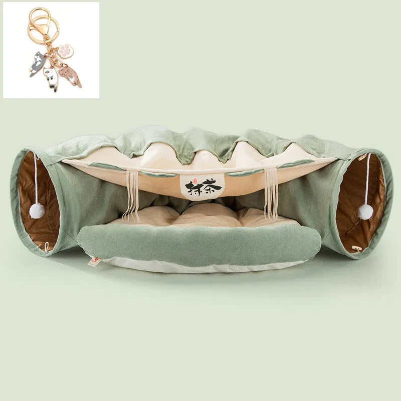 A collapsible cloth cat tunnel in Bar colour, showing its arched shape and dimensions for feline play.