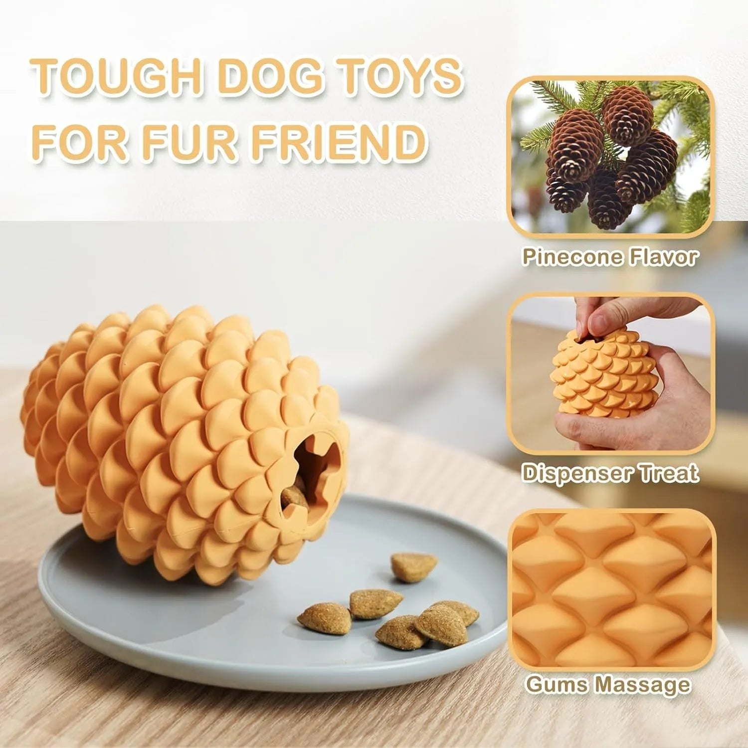 Yellow pine cone shaped natural rubber dog chew toy with treat dispenser for large breeds