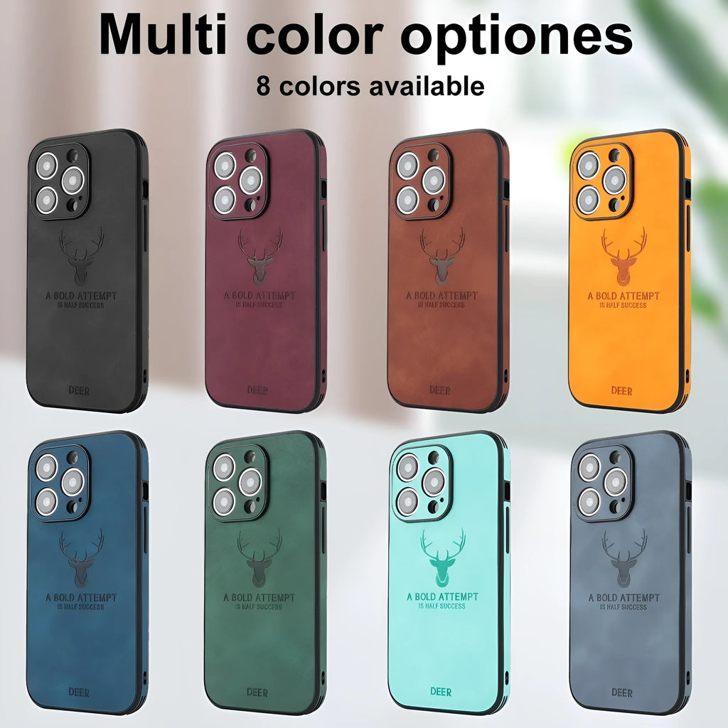 iPhone 16 series imitation leather phone case with embossed moose head design, shown in multiple colour options