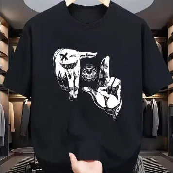 Men's grey mesh T-shirt with cartoon digital print showing round neck and short sleeve design